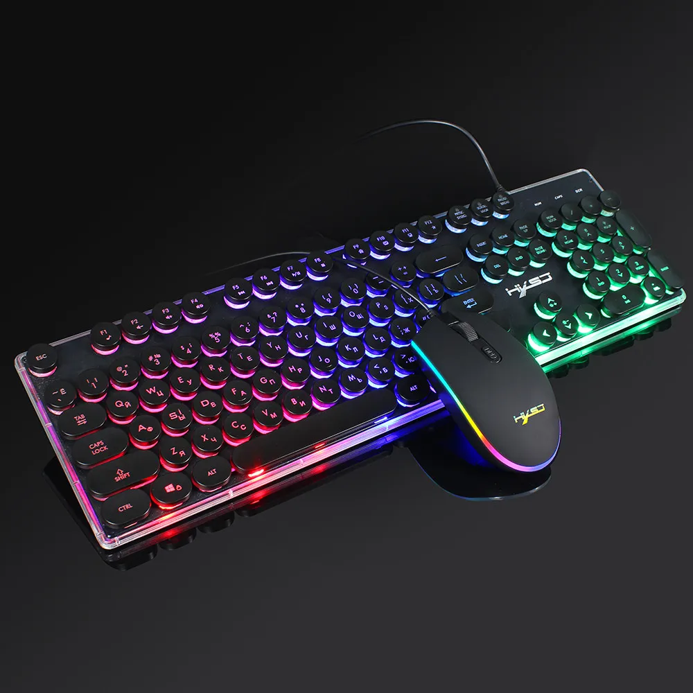 HXSJ V300 Russian Round Keycap Rainbow Suspension Backlit Gaming Keyboard+Mice 