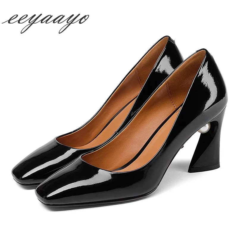 

2019 New Genuine Leather Spring Women Pumps High Heel Square Toe Pearl Sexy Ladies Women Cow Leather Shoes Black High Heels