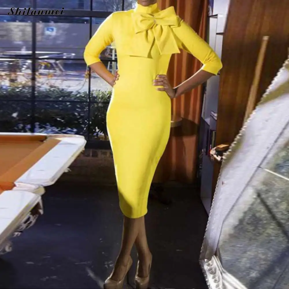 Платье женское средней длины с высоким воротником и рукавом 3/4|Платья| |