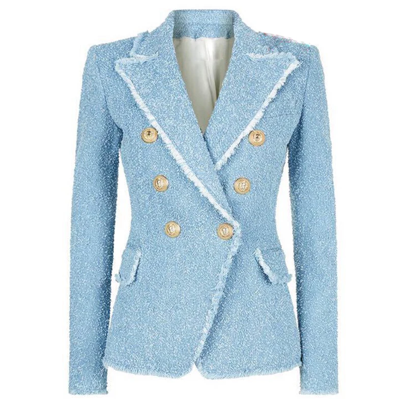 

HIGH STREET New Fashion 2019 Designer Blazer Women's Double Breasted Lion Buttons Tassel Fringe Tweed Blazer Jacket