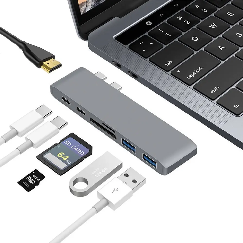 USB C Hub Adapter 7 in 1 Dual Type-C Docking Station Thunderbolt 3 for MacBook Pro with 100W Power Delivery USB-C 4K HDMI | Мобильные