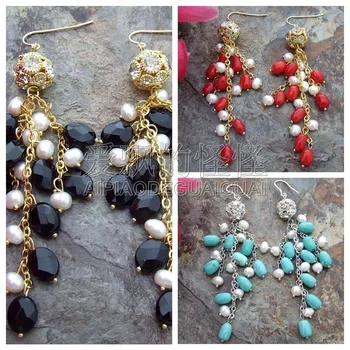 

White Pearl Onyx Red Coral Hook Earrings