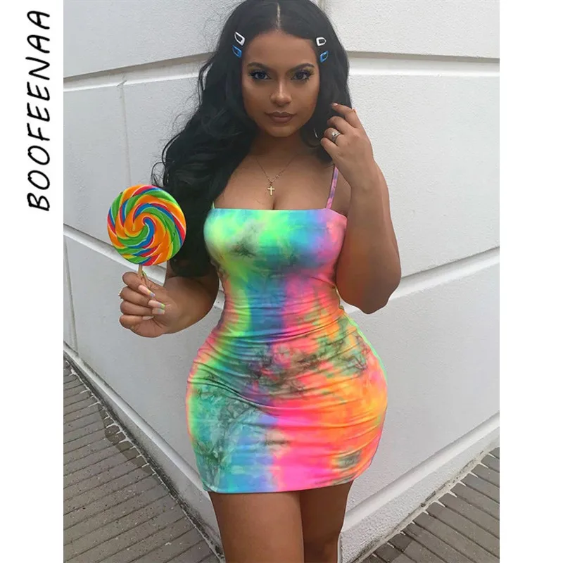 

BOOFEENAA Tie and Dye Neon Print Summer Women Mini Bodycon Dress Sexy Club Dresses Casual Vestidos 2019 Streetwear C70-H36