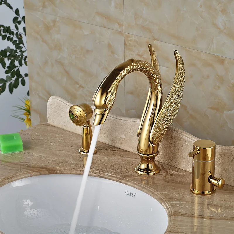 Luxury Brass Golen Bathtub Sink Faucet Deck Mount Swan Tub Mixer Taps One Handle 3 hole