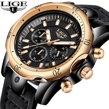

LIGE Men's Watches Leather Chronograph Quartz Watch Men Casual Army Military Waterproof Sport Watch Wrist Gold Relogio Masculino