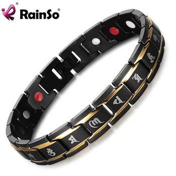 

2019 Healing Magnetic Men Bracelets 316L Stainless Steel Health Care Elements FIR Black Gold Buddhism Rune Letter Bracelet
