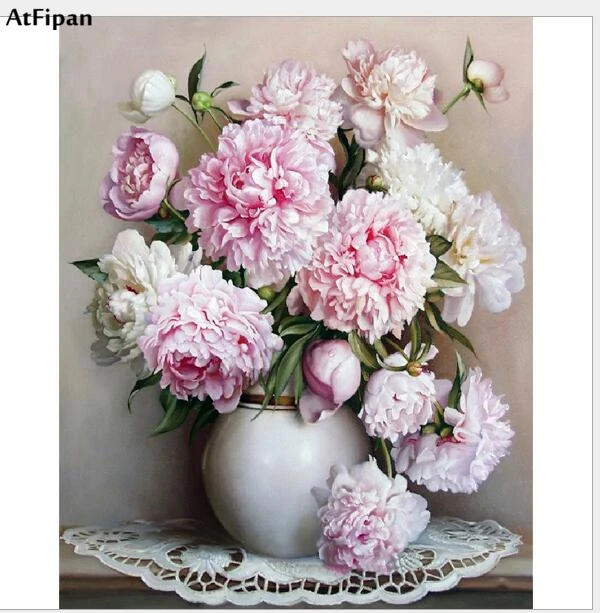 

AtFipan Oil Painting by Numbers Hand Painted Peony Wall Art Pictures Pstoral Flower Canvas Paintings