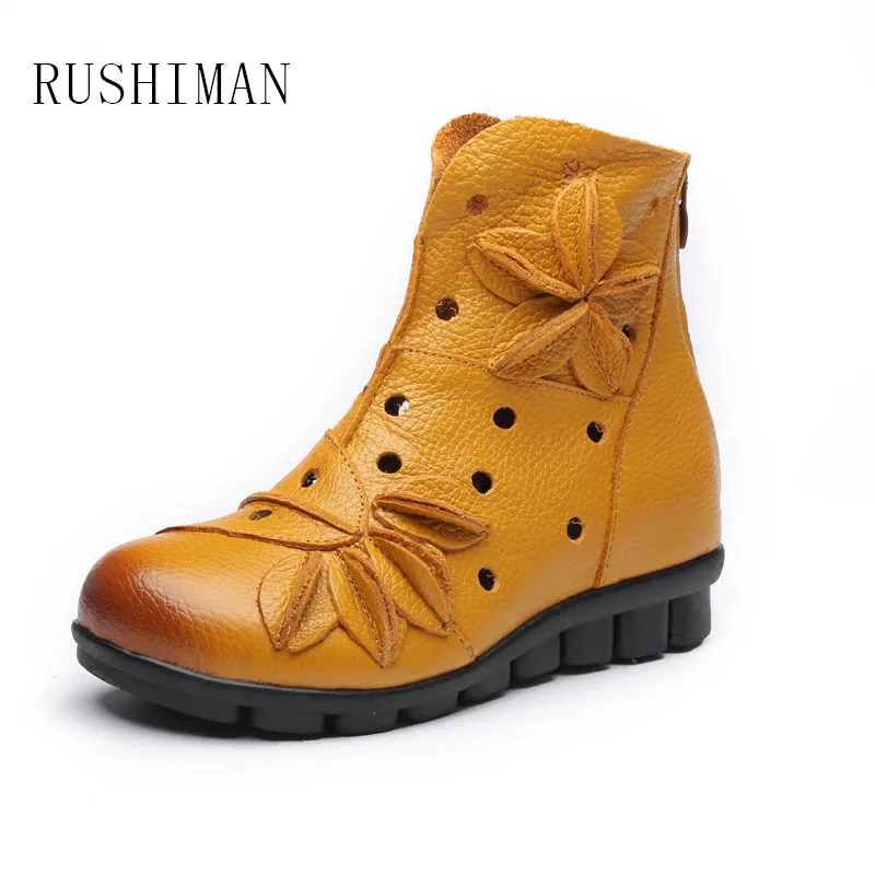 

RUSHIMAN Handmade Female Sandals National Wind Leather Short Boots Flat Bottom Hollow Boots Comfortable Soft Bottom Hole Shoes
