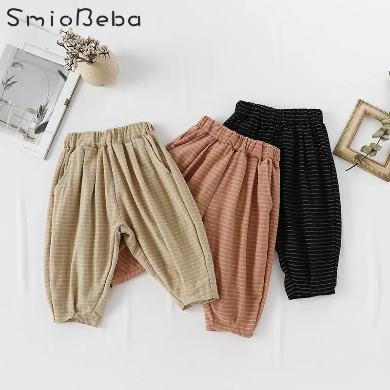 

Children's Striped Radish Pants Baby Cotton Boy Trousers for Girls Kids Linen Quintuple Hallen Pants Summer Soft Baby Pants