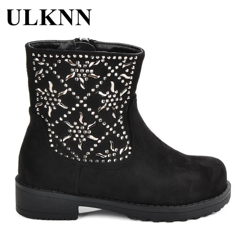 ULKNN/ г. Новая обувь для девочек водонепроницаемая обувь ботинки из натуральной кожи теплые плюшевые детские сапоги со стразами зимние сапоги