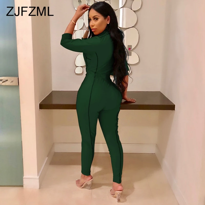 Front Zipper Sexy Rompers Womens Jumpsuit 2018 Turn-Down Collar Three Quarter Sleeve Bodycon Overalls Autumn One Piece Bodysuit