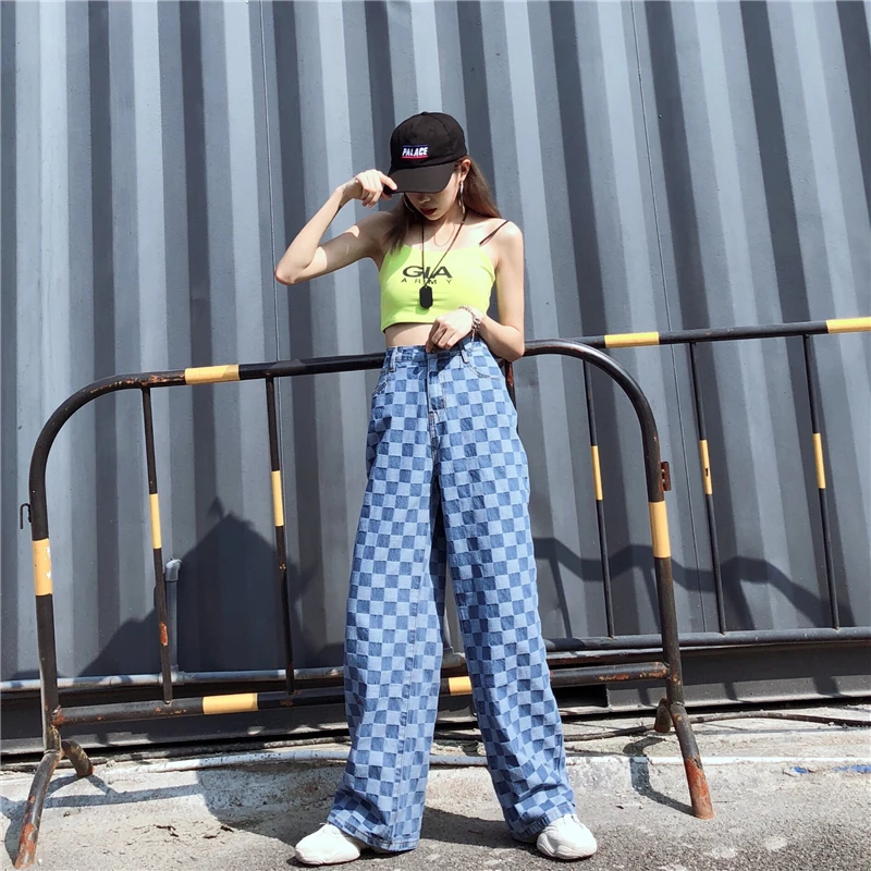 Woherb Jeans Woman Plaid Pants Hip Hop New Female Wide Leg Pants Fashion Harajuku BF Vintage High Waist Denim Pants 22706