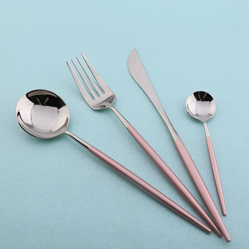  Hot Sale 4 pcs Mirror light Portuguese pink silver Dinnerware 304 Stainless knife fork spoon Cutler - 32870406542