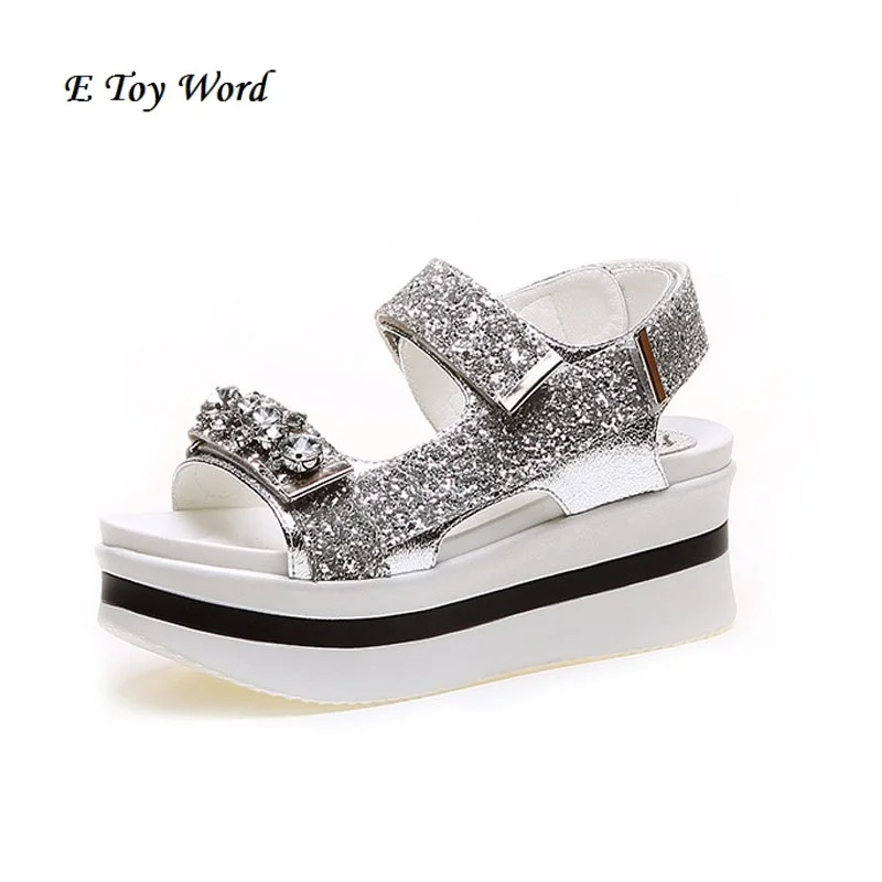

The new summer 2017 han edition platform shoes Roman sandals female Xia Hou bottom with sequins diamond for women's shoes
