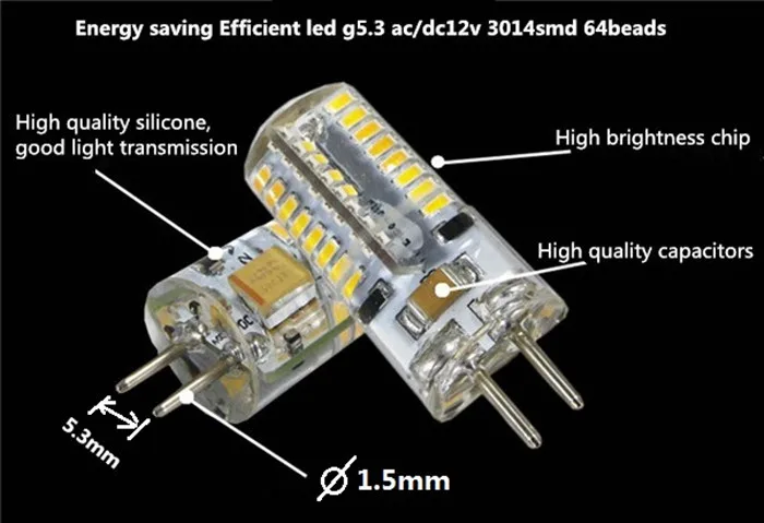 Энергосберегающие эффективный светодиодный GU5.3 12V силикагель светодиодный g5.3 AC12V светодиодный GU5.3 AC12V светодиодный G5.3 DC12V 3014 64 бусины заменить галогенные лампы