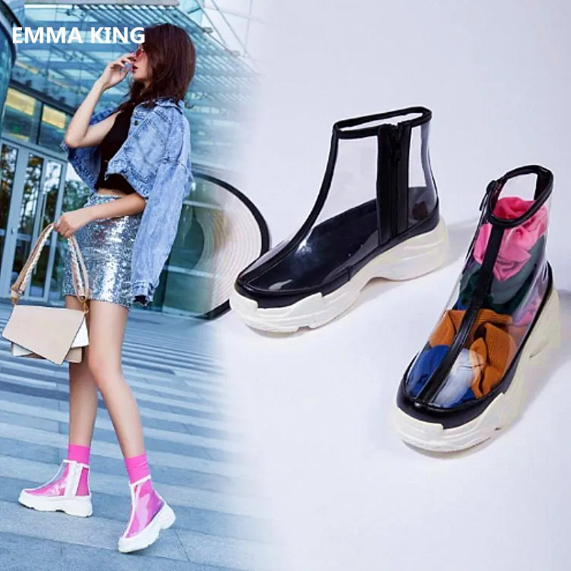 

2019 Spring Autumn Transparent PVC flat Heels Ankle Boots Women Round Toe Fashion Sneakers Side Zipper Sport Style Martin Boots