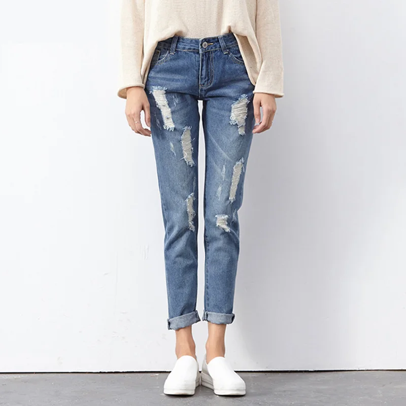 

high waist jeans boyfriend femme cotton ripped destroyed jeans women pants denim straight jeans for lady FS0110