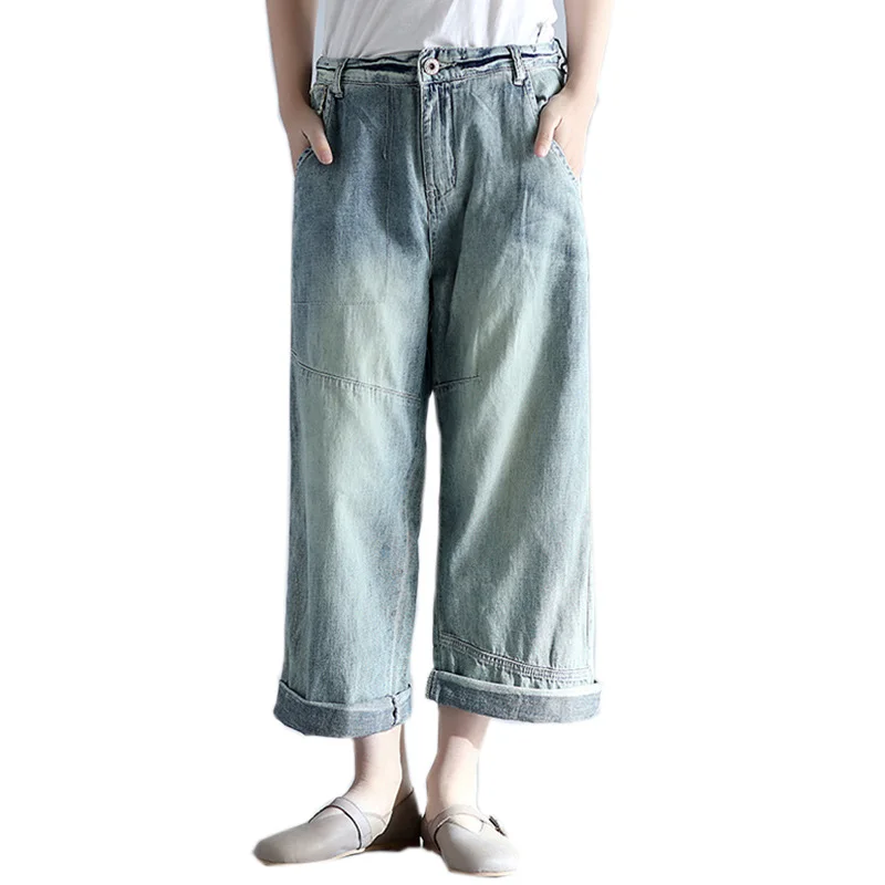 

2017  Cool Loose Washed Bleached  Mid Waist Jeans  Casual Comfortable Denim Pants for woman with Pocket  and BUtton 9044#