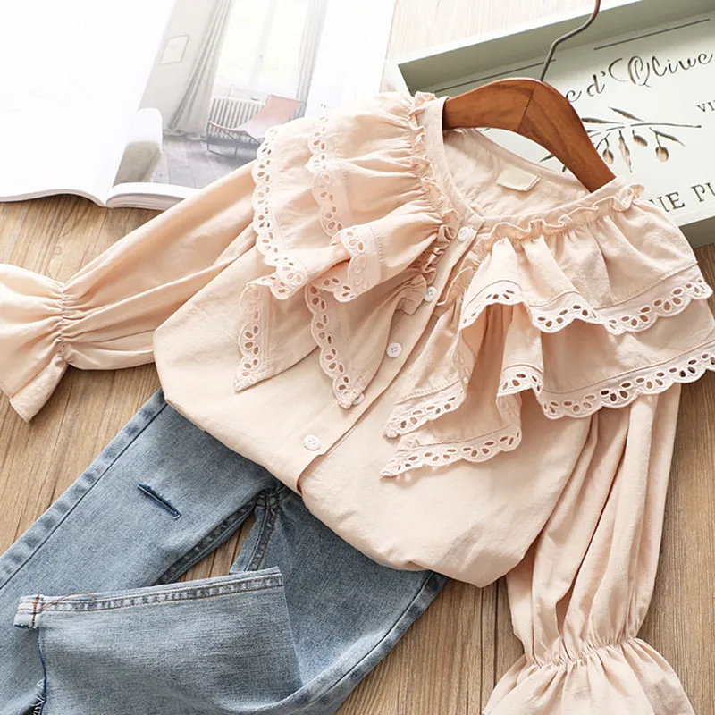 

High Quality 2019 Baby Girls Fashion Blouses Children Long Sleeve Ruffles Shirt Girls Lace Cardigan Cute Blouse 2T-6T