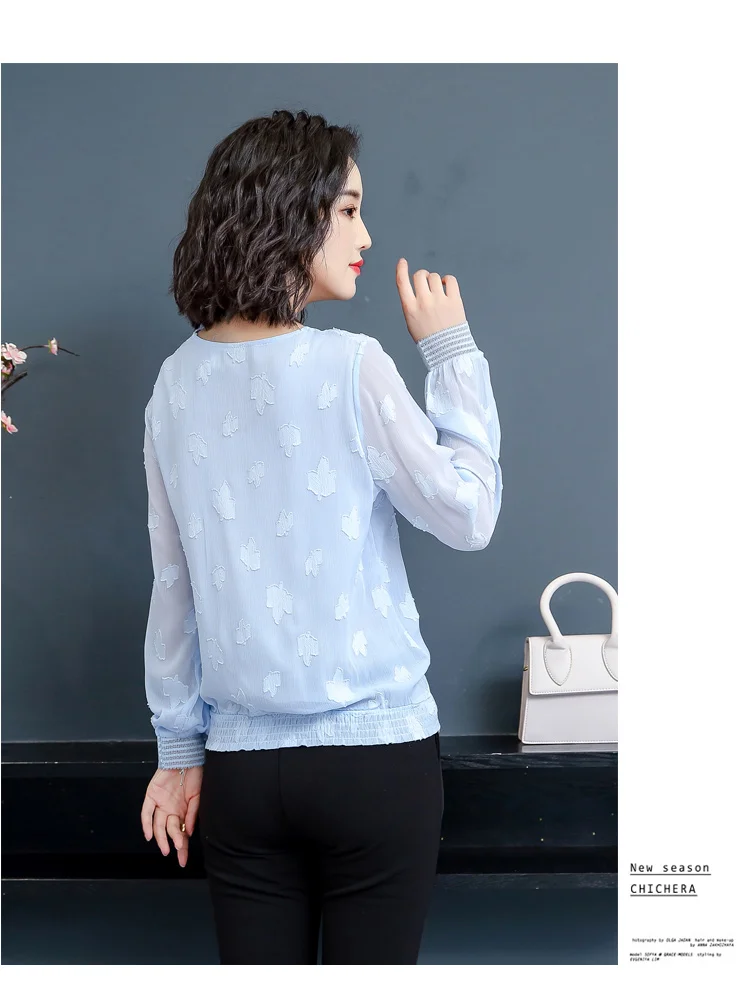 Осенняя женская шифоновая рубашка с v-образным вырезом и вышивкой размера плюс, женская блуза свободного кроя с длинным рукавом и цветочным принтом, повседневные женские топы