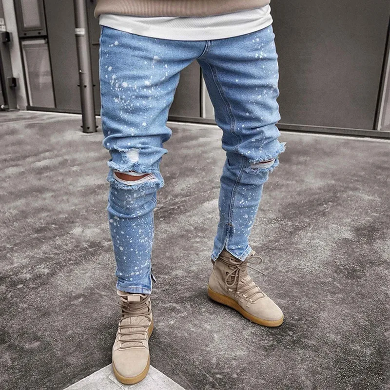 

MJARTORIA Men Paint point Ripped Jeans Pants Stretch Destroyed Hole Jeans Fashion Ankle Zipper Skinny Denim Trousers For Men