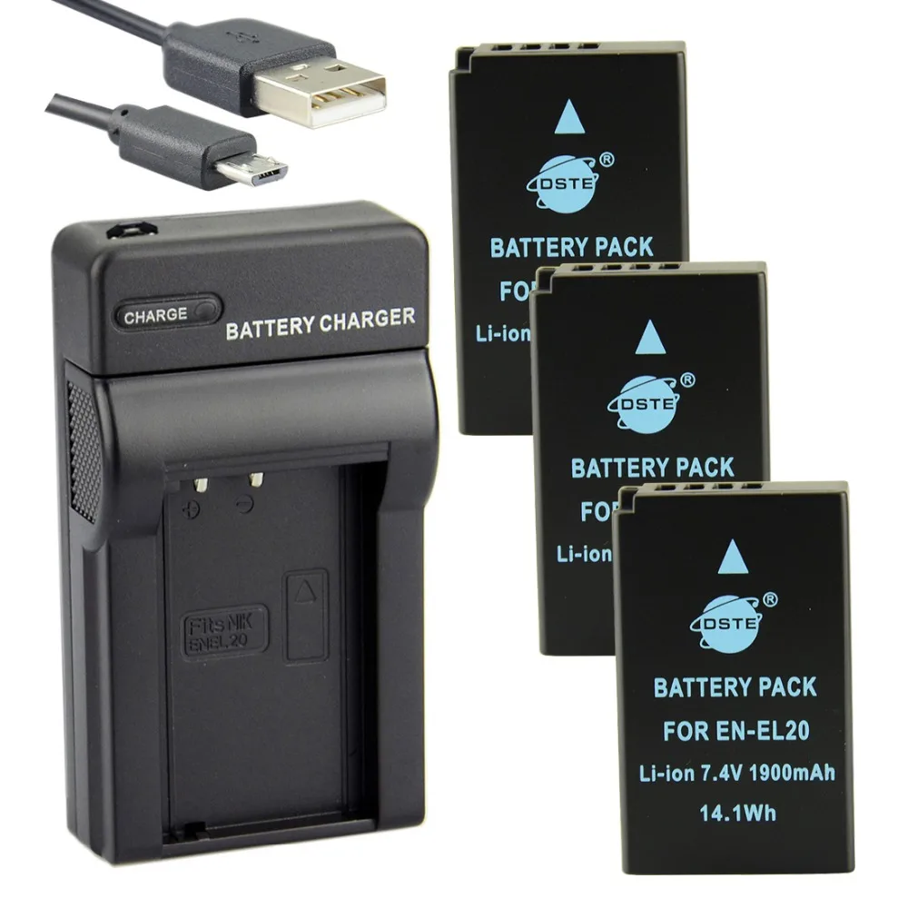 DSTE 3PCS EN EL20 Li ion Battery with USB Port Charger for Nikon J1 J2