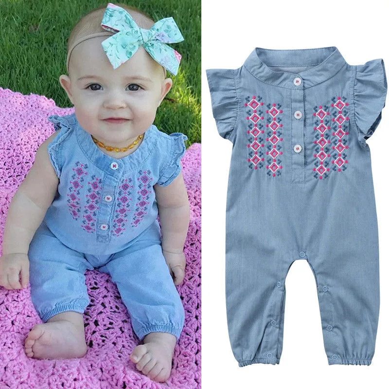 0-24 m recién nacido bebé niña bordado Romper Fly Sleeve Denim ropa lindo bebe verano traje Jumpsut 2018 0-24 m recién nacido bebé niña bordado Romper Fly Sleeve Denim ropa lindo bebe verano traje Jumpsut 2018