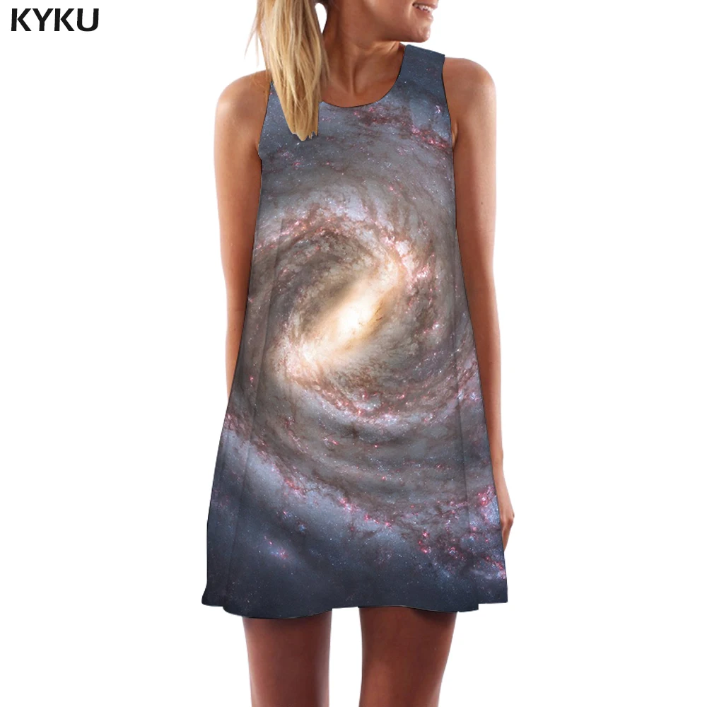 

KYKU Galaxy Dress Women Lightning Office Flame Korean Style Vortex Ladies Dresses Black Hole Tank Womens Clothing Casual New