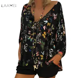 Laamei размера плюс S-5XL Женская винтажная туника с цветочным принтом и v-образным вырезом Осень 2019 женские модные блузки женская одежда