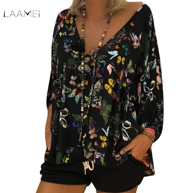 

Laamei Plus Size S-5XL Women Vintage Floral Printed V Neck Tunic Tops Autumn 2019 Women's Fashion Blouses Women Clothes Mujer