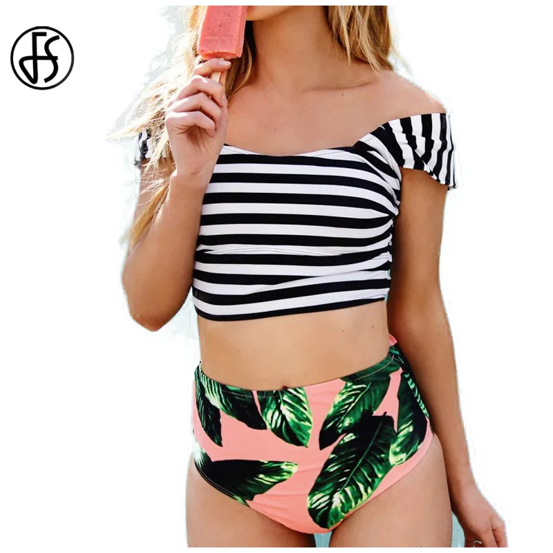 FS Striped Leaves Printed Sleeves 2017 Women Bikinis Set High Waisted