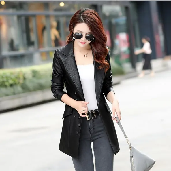 

Spring Autumn Women Leather Blazers and Jackets Plus Size 4XL 5XL Long Leather Trench Coat Outwear Female Jacket Women's Costume