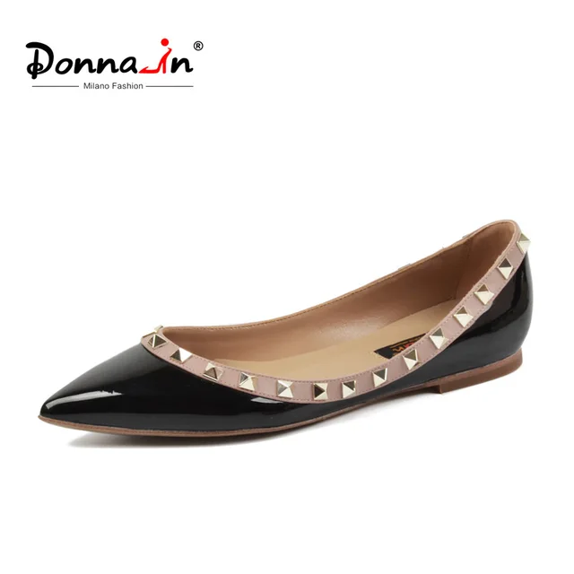 Donna-in/2018 Новое поступление, женские кожаные туфли на плоской подошве, острый носок, заклепки, повседневная женская обувь на плоской подошве, модная удобная Черная женская обувь