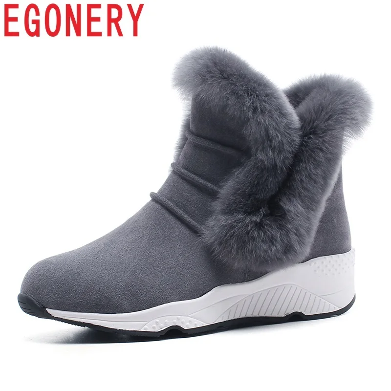 

EGONERY rabbit fur snow boots latest fashion cowhide suede round head shoes wedges wear winter ladies plush warm women shoes
