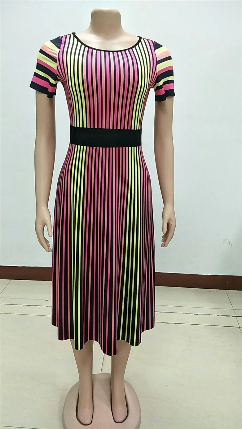 BAIBAZIN African Clothing Fashion Sexy European and American Color Stripes Short Sleeves Round Neck Slim Waist Long Skirt