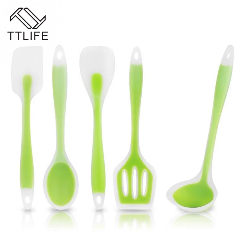 

5pcs/set Silicone Kitchen Cooking Utensil Set Heat Resistant Cooking Tool Including Spoon Soup Ladle Turner Spatula Green