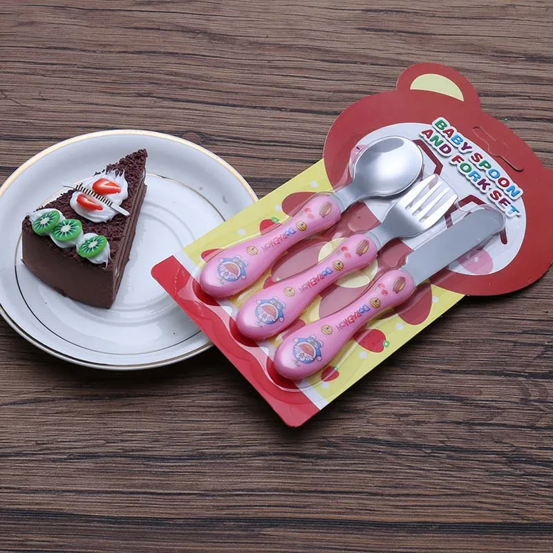 Лидер продаж Детские Kawaii с рисунком комплект из 3 предметов Нержавеющая сталь Кофе десертная ложка Вилка Ножи комплект Детский подарок ложка набор
