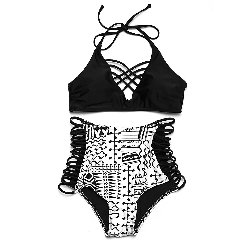 

High Waisted 2pcs Bikini Set Strappy Side Bottom Crisscross Front Top Tribal Print Sea Suits Halter String Bikinis Bathing Suits