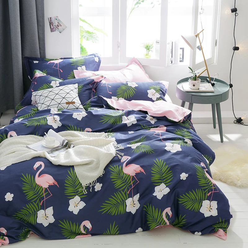 Simple style bedding set Pine leaves and flamingos print cotton fabric