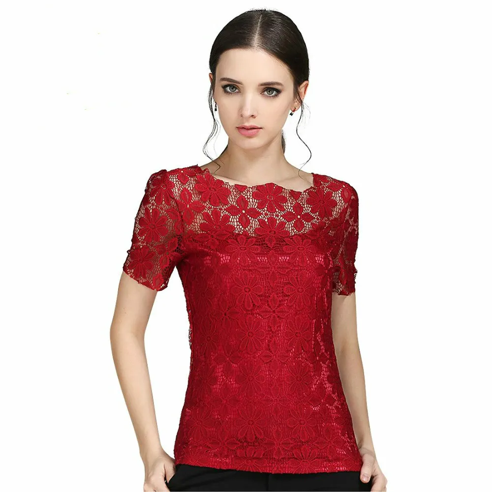 

New Summer Fashion Elegant Women Lace Blouse Short Sleeve Slim Sexy Blouses Shirt Floral Oversized Tops