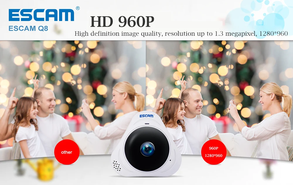 ESCAM Q8 HD 960P 1.3MP 360 градусов панорамный монитор рыбий глаз wifi ИК Инфракрасная камера VR камера с двухсторонним аудио детектором движения