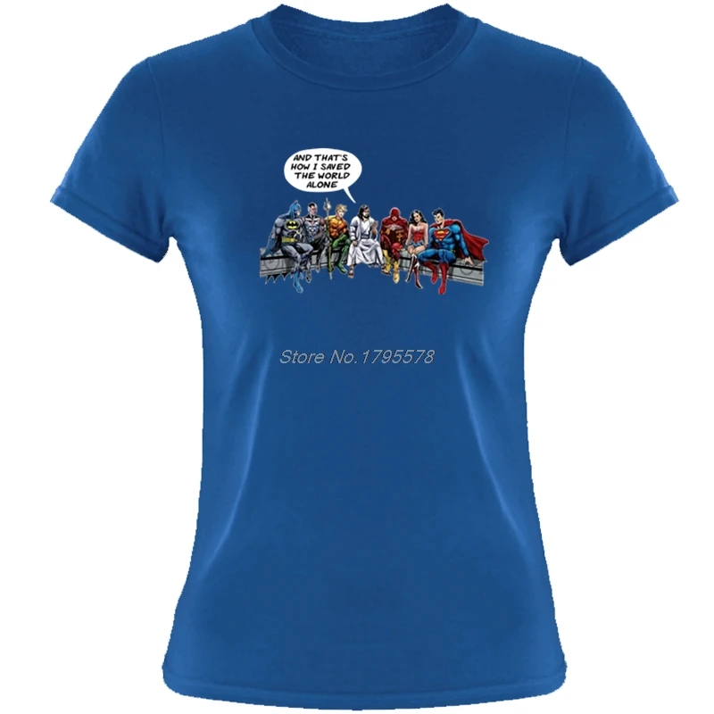 

Captain America Spiderman Batman Superman And That Is How I Saved The World Jesus T Shirt Women's 100% Cotton Shirt Novelty Tees