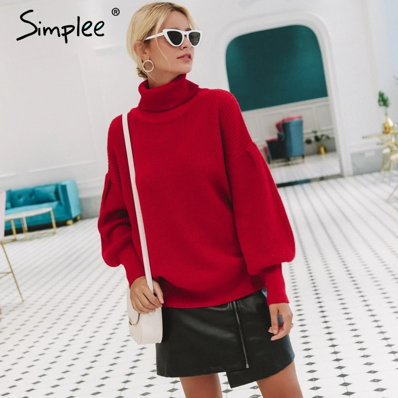 Skup Simplee z dzianiny z golfem sweter plus size kobiet sweter kobiet 2019 jesień zima modny lampion z długim rękawem na co dzień panie jumper