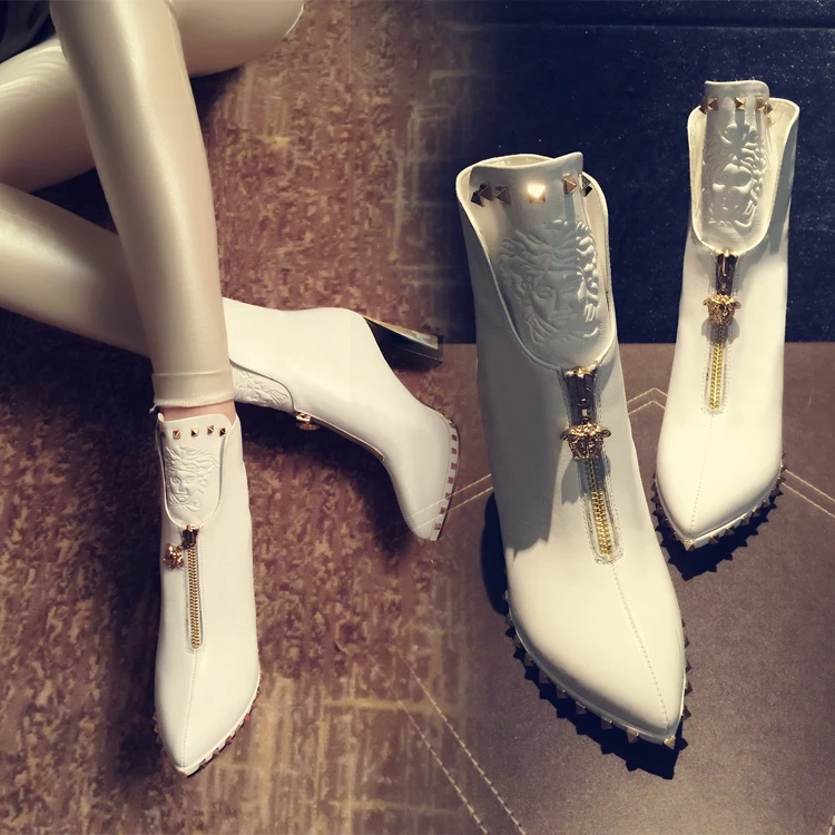 

2018 Winter Women's Boots High Heeled Short Boots Metal Decoration Rivet Genuine Leather Ankle Booties Warm Shoes Woman Pumps