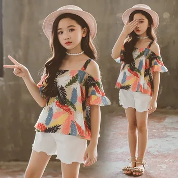 

Summer Girls Clothing Sets Children Costume Toddler Teen Girl Print Short Sleeve Shirts+Shorts 2 Pcs Suit Kids Clothes Outfits