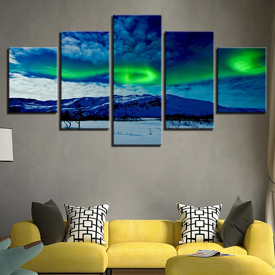 

Canvas Wall Art Prints Poster Home Decor Framework 5 Piece Pictures Snow Mountain Aurora Paintings Polar Region Scenery Pictures