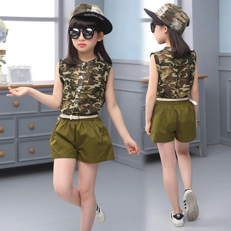 

2019 new Children's Clothing New Clothes For Girls Summer Chiffon Camouflage Set With Belt 3 piece Army Green kids prom suits