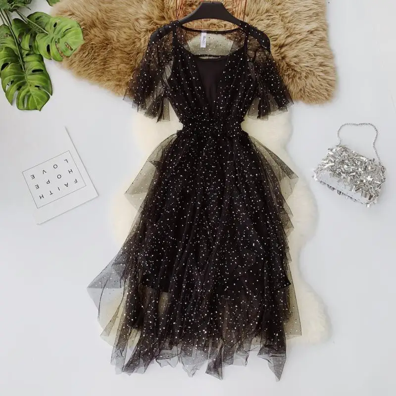 

2019 Women Summer Bling Sequined Mesh Gauze Party Ruffle Dress Elegant Elastic Slim Irregular Tulle Voile Pleated Pullover Dress