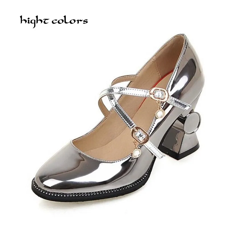 

hight colors Brand Women Patent Leather Strange Style Shoes Hot Buckle Strap Pumps Sexy Women High Heels Round Toe Shoe HC127