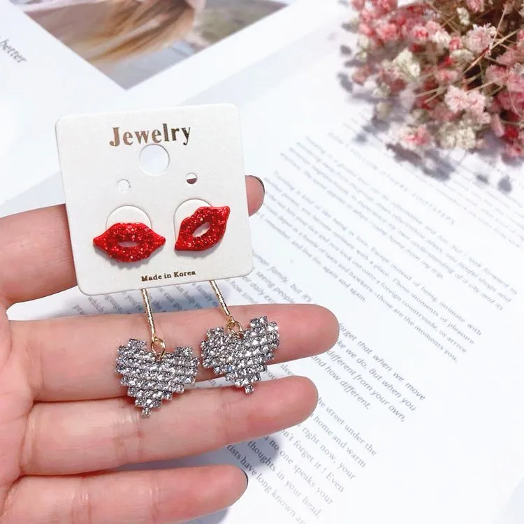 sexy lip heart full cz earrings 925 silver post Hypoallergenic fadeless alloy fashion jewelry stud earrings for women gift